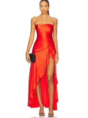 Bardot Lorenza Strapless Red High-Low Ruffle Satin Dress